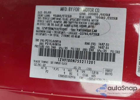 2005 Ford Mustang V6 Deluxe/V6 Premium из США, поврежденный, VIN 1ZVFT80N755211201